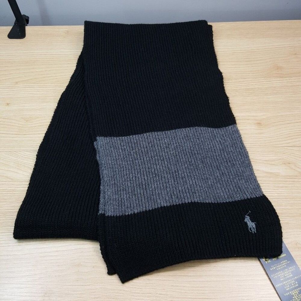 POLO RALPH LAUREN Mens Scarf Black Gray Rugby Stripe Wool Blend Pony Logo 10x70